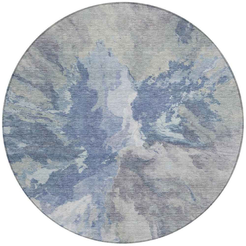 8' Denim Blue And Linen Round Abstract Washable Indoor Outdoor Area Rug