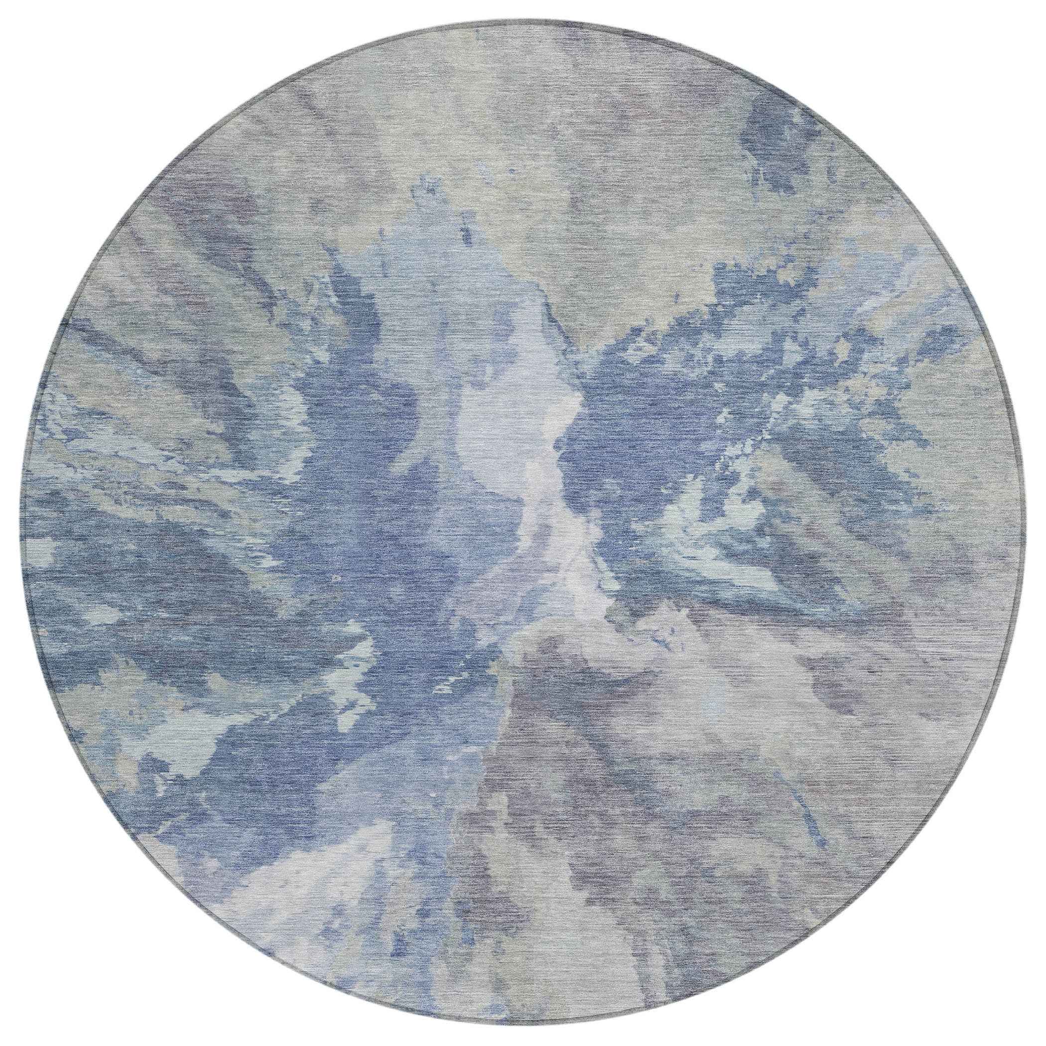 8' Denim Blue And Linen Round Abstract Washable Indoor Outdoor Area Rug