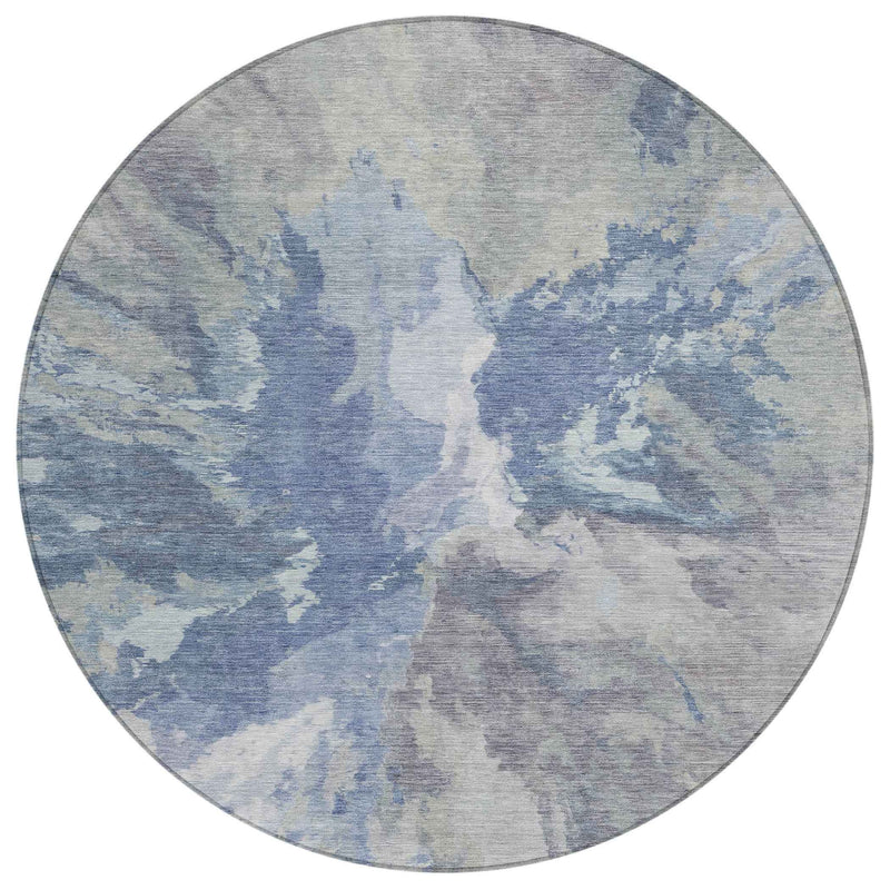 8' Denim Blue And Linen Round Abstract Washable Indoor Outdoor Area Rug
