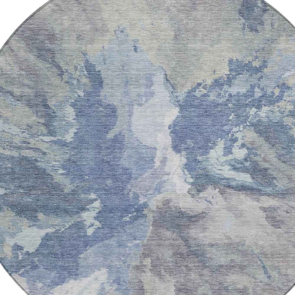8' Denim Blue And Linen Round Abstract Washable Indoor Outdoor Area Rug