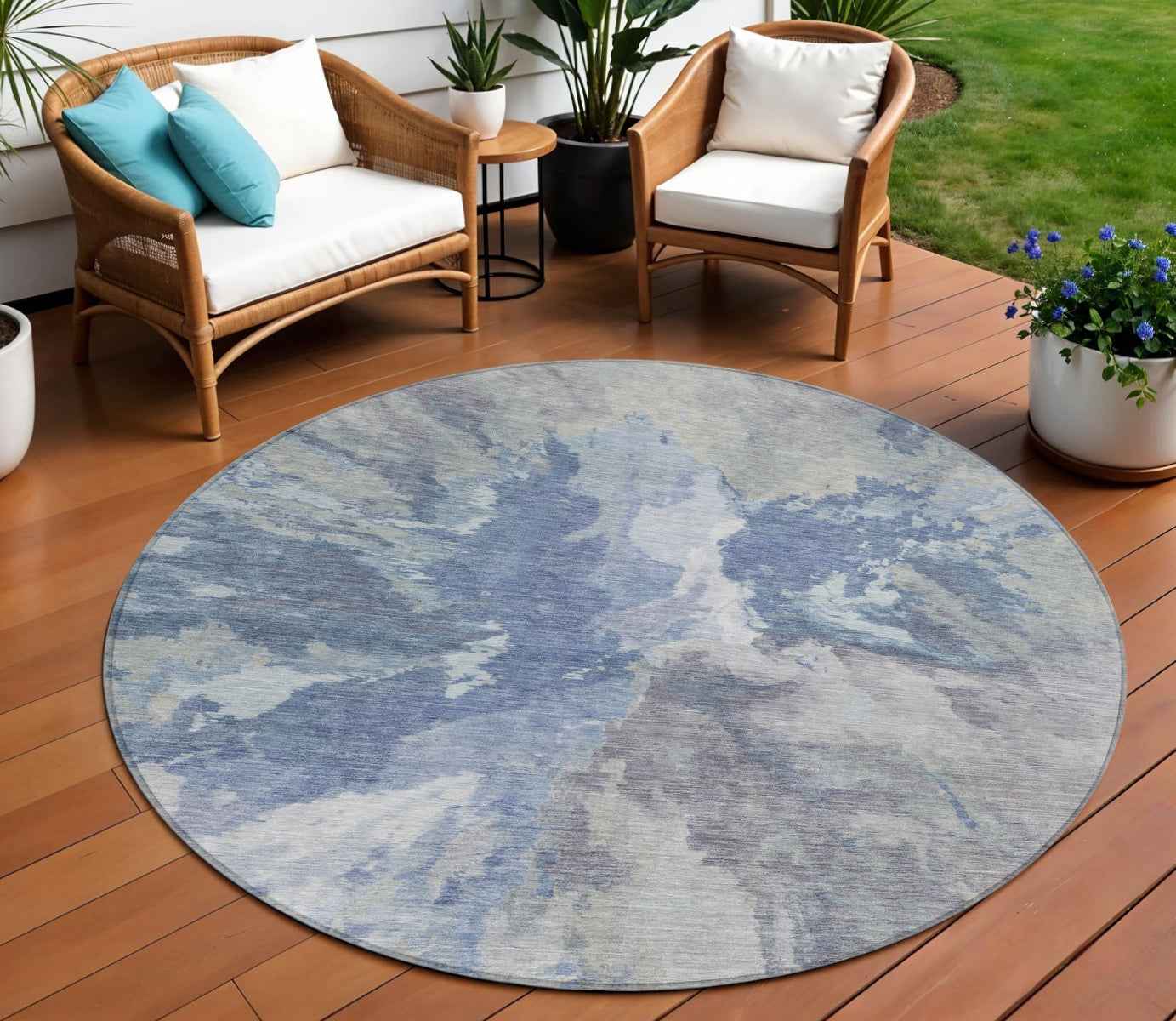 8' Denim Blue And Linen Round Abstract Washable Indoor Outdoor Area Rug