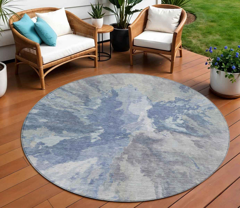 8' Denim Blue And Linen Round Abstract Washable Indoor Outdoor Area Rug