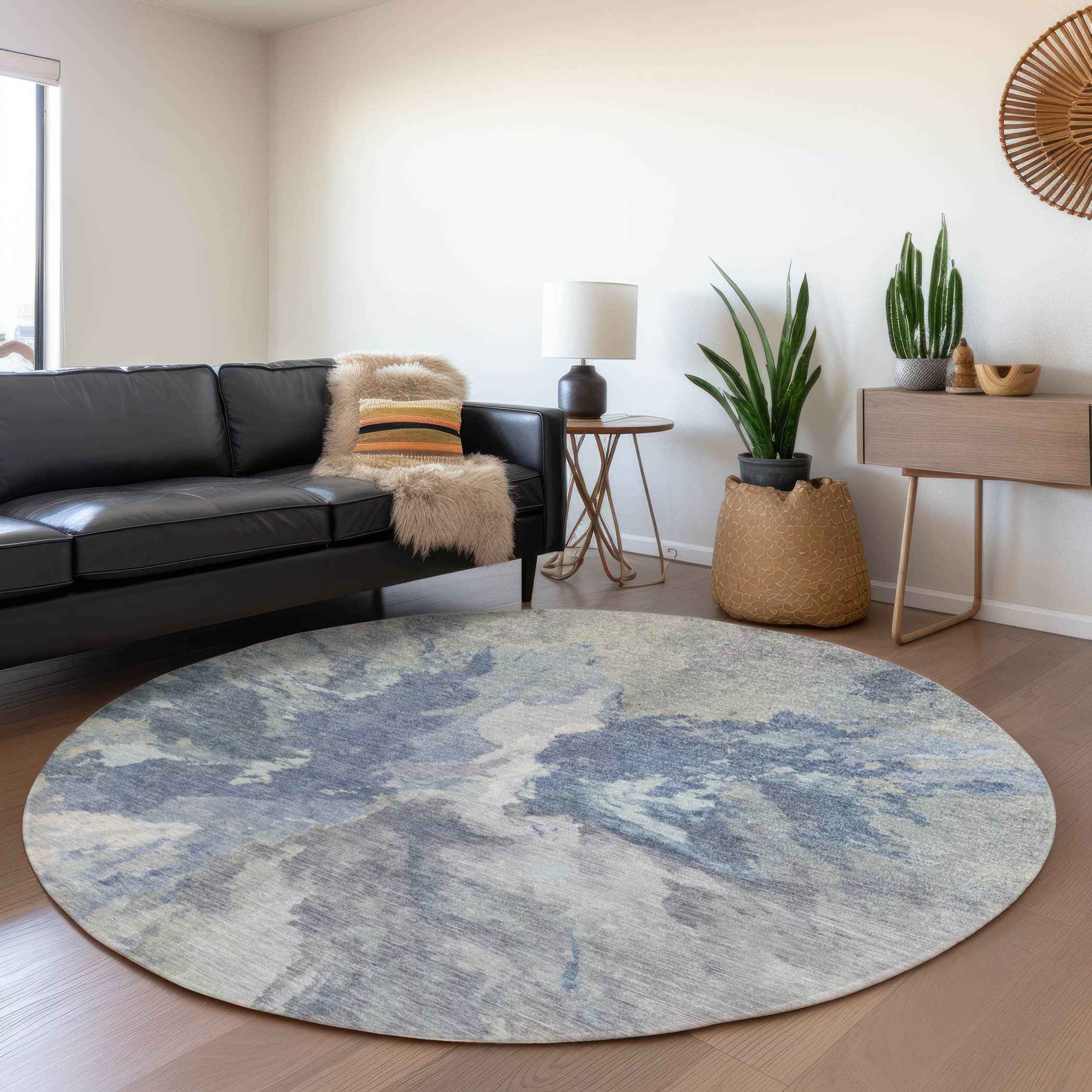 8' Denim Blue And Linen Round Abstract Washable Indoor Outdoor Area Rug