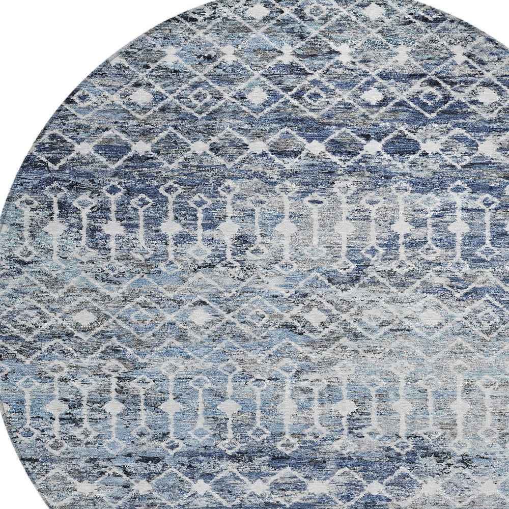 8' Blue And Silver Round Argyle Washable Indoor Outdoor Area Rug Default Title