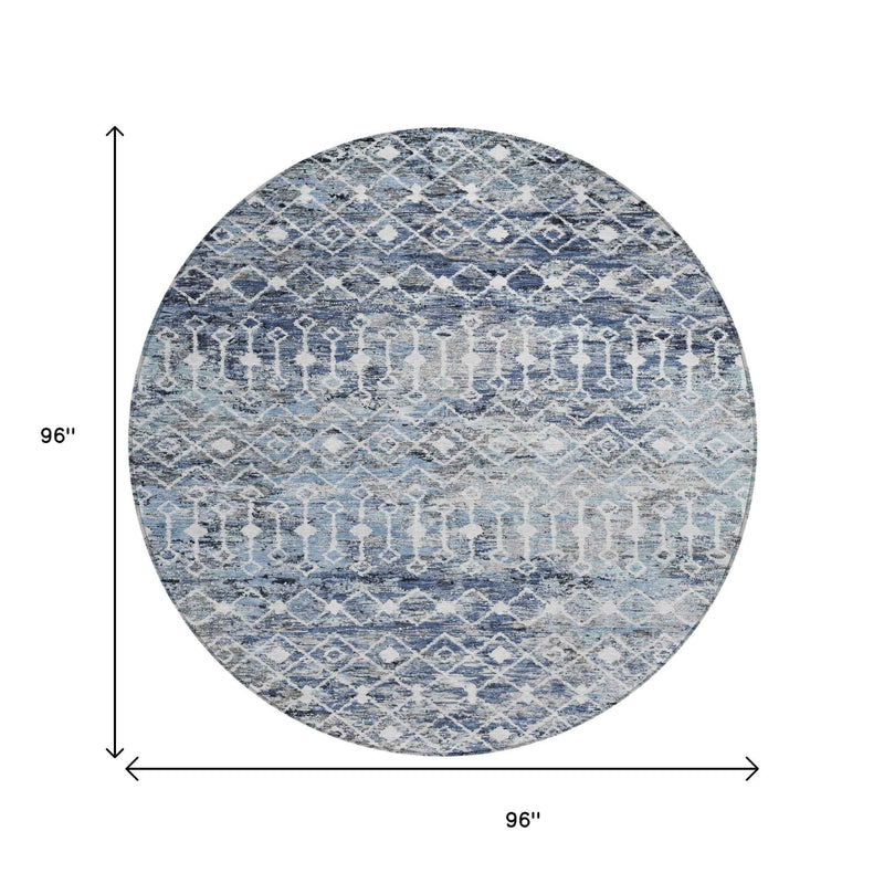 8' Blue And Silver Round Argyle Washable Indoor Outdoor Area Rug