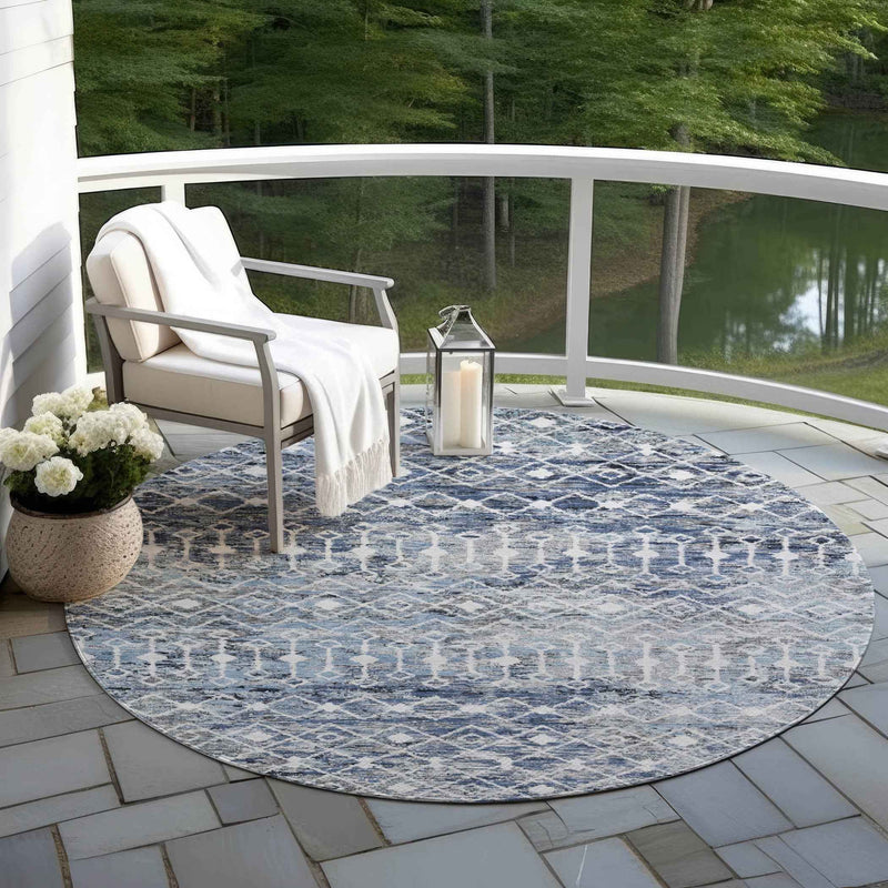 8' Blue And Silver Round Argyle Washable Indoor Outdoor Area Rug