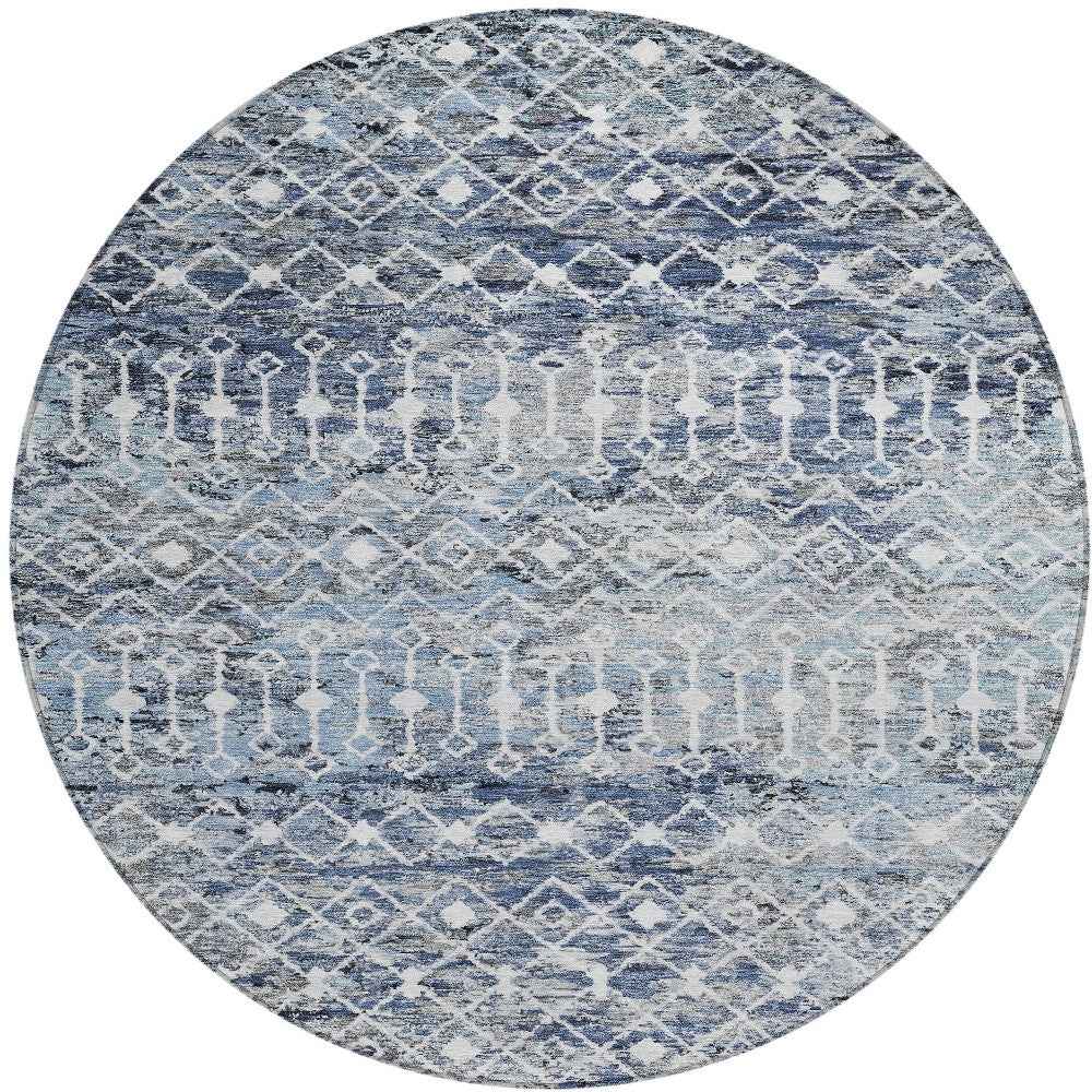 8' Blue And Silver Round Argyle Washable Indoor Outdoor Area Rug