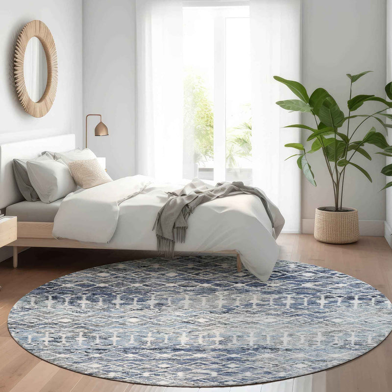 8' Blue And Silver Round Argyle Washable Indoor Outdoor Area Rug