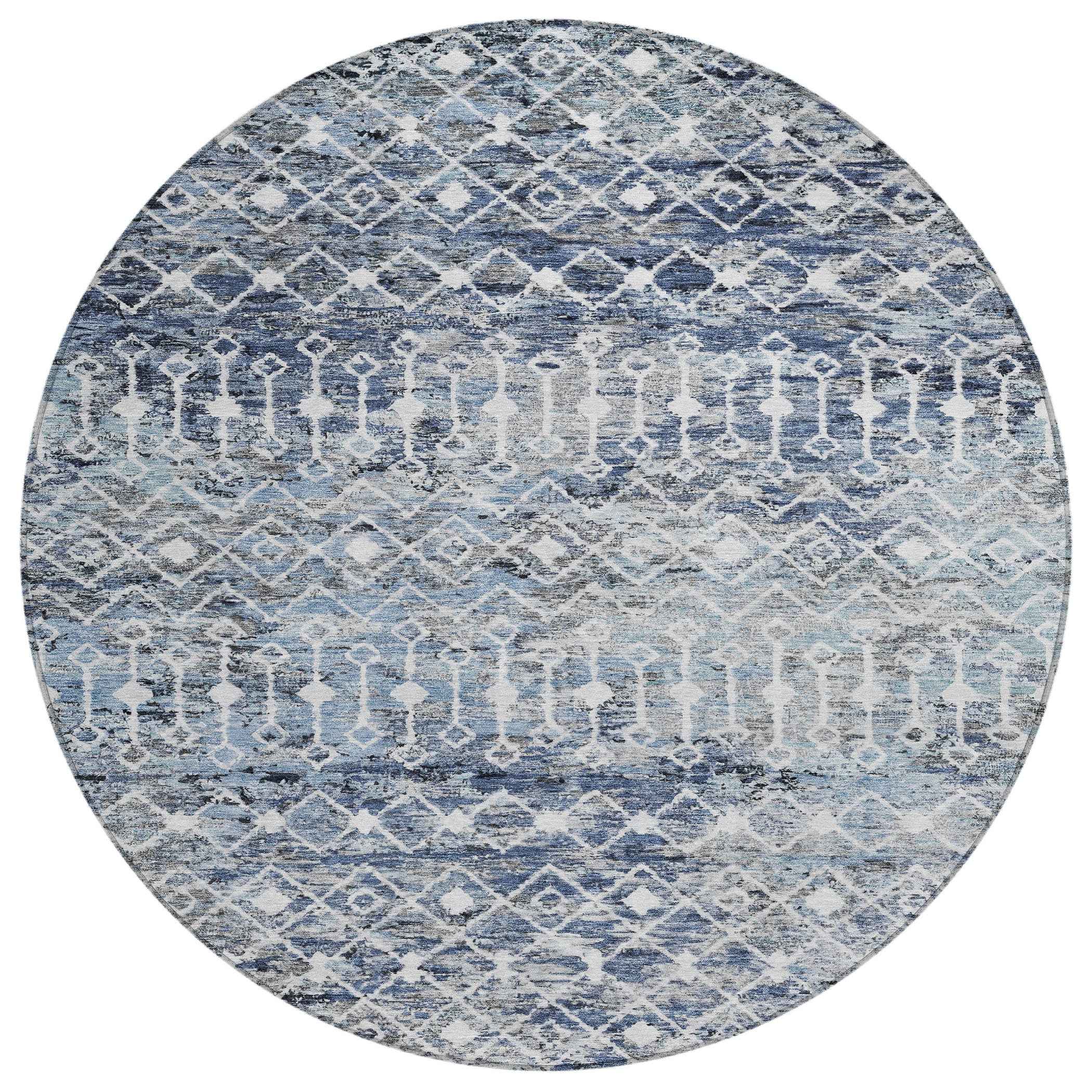 8' Blue And Silver Round Argyle Washable Indoor Outdoor Area Rug