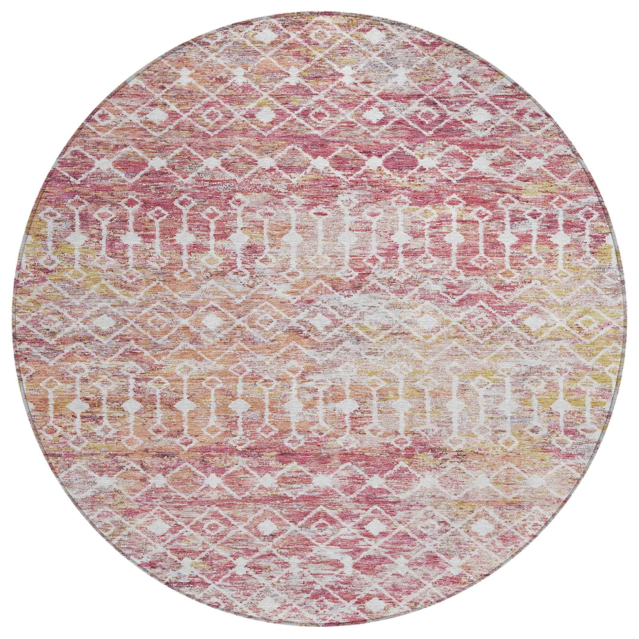 8' Pink And Ivory Round Argyle Washable Indoor Outdoor Area Rug