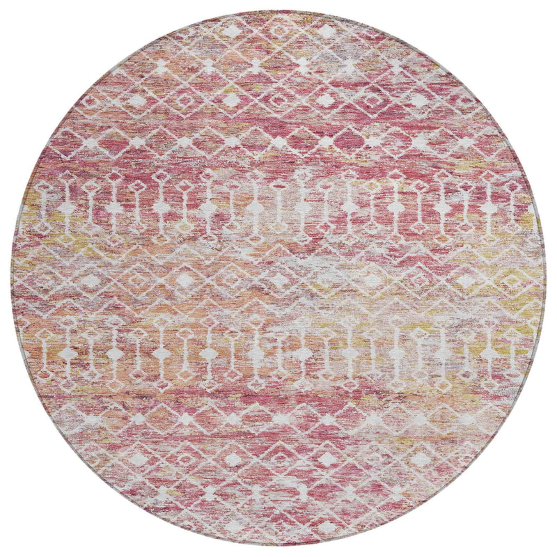 8' Pink And Ivory Round Argyle Washable Indoor Outdoor Area Rug