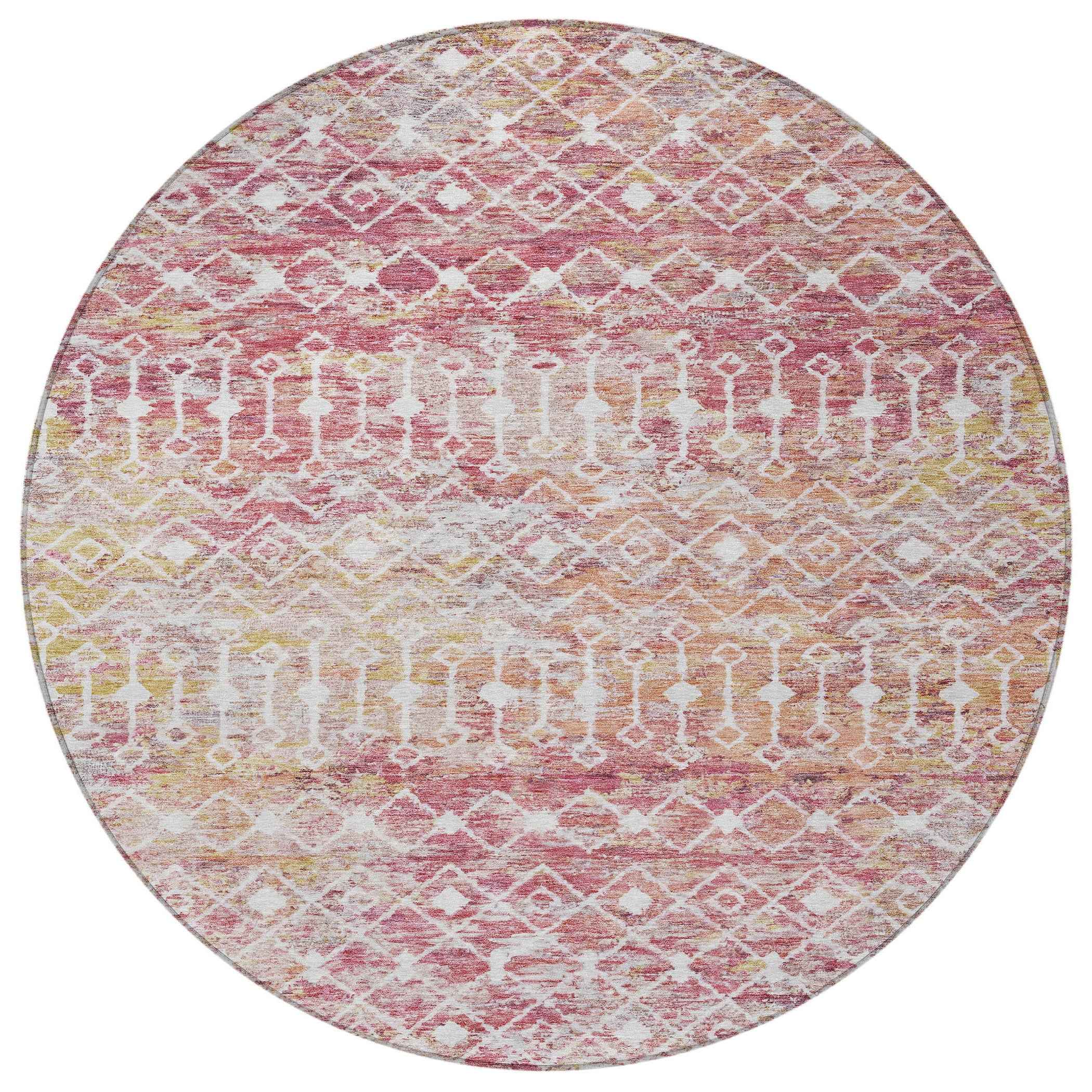 8' Pink And Ivory Round Argyle Washable Indoor Outdoor Area Rug