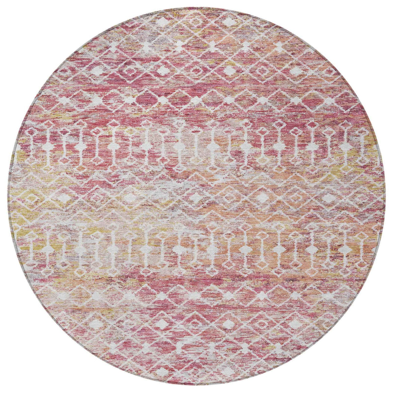 8' Pink And Ivory Round Argyle Washable Indoor Outdoor Area Rug