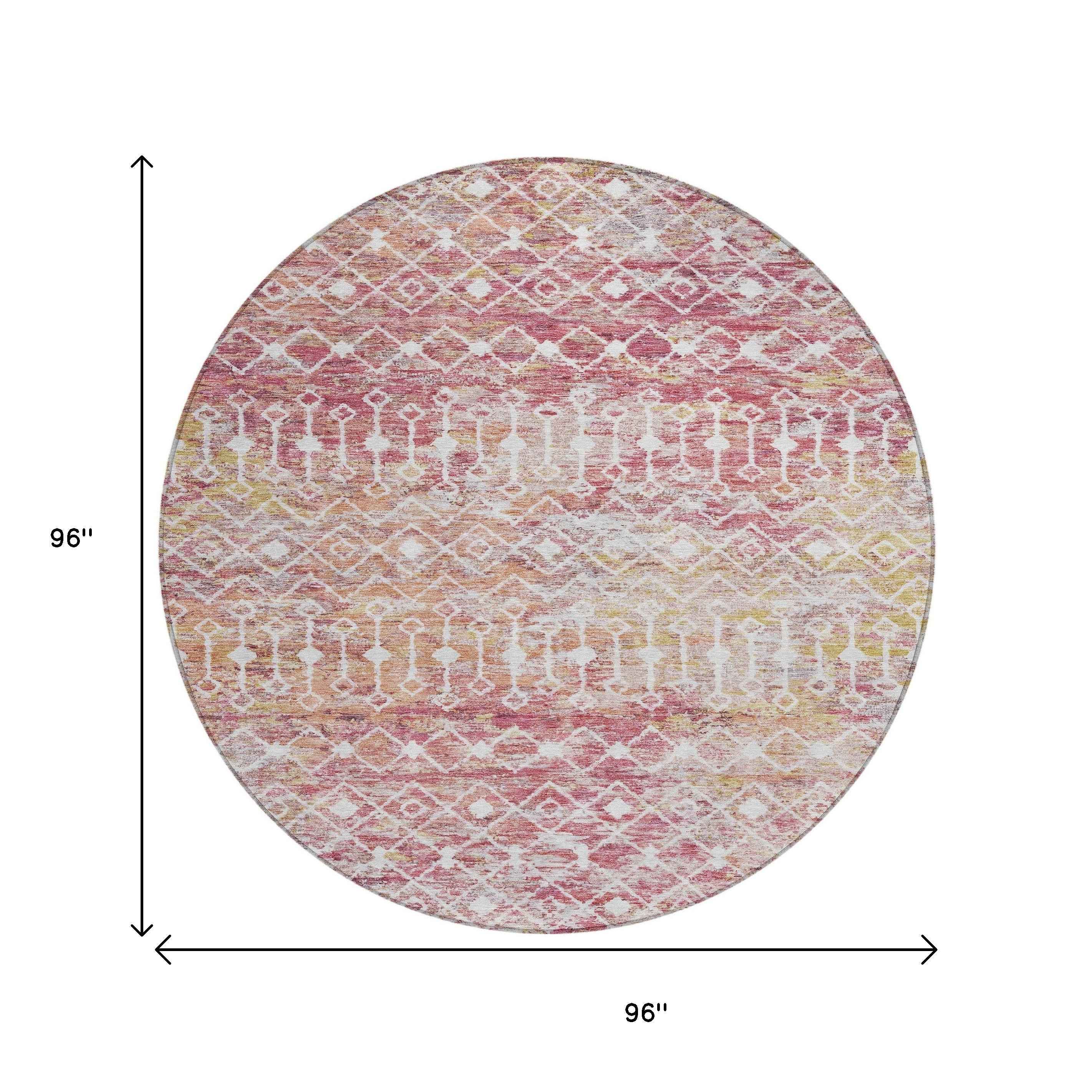 8' Pink And Ivory Round Argyle Washable Indoor Outdoor Area Rug