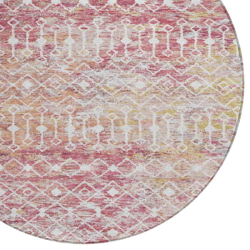 8' Pink And Ivory Round Argyle Washable Indoor Outdoor Area Rug