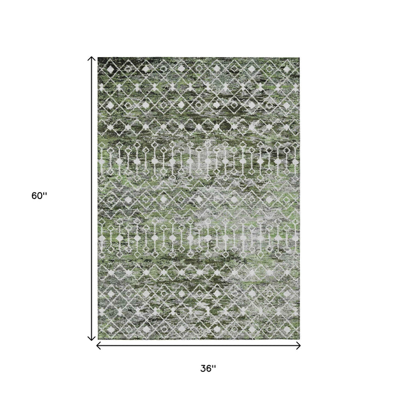 3' X 5' Olive Green And Ivory Argyle Washable Indoor Outdoor Area Rug