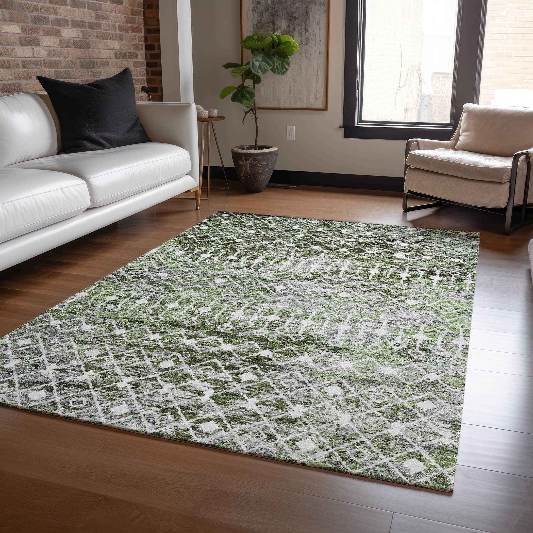 3' X 5' Olive Green And Ivory Argyle Washable Indoor Outdoor Area Rug