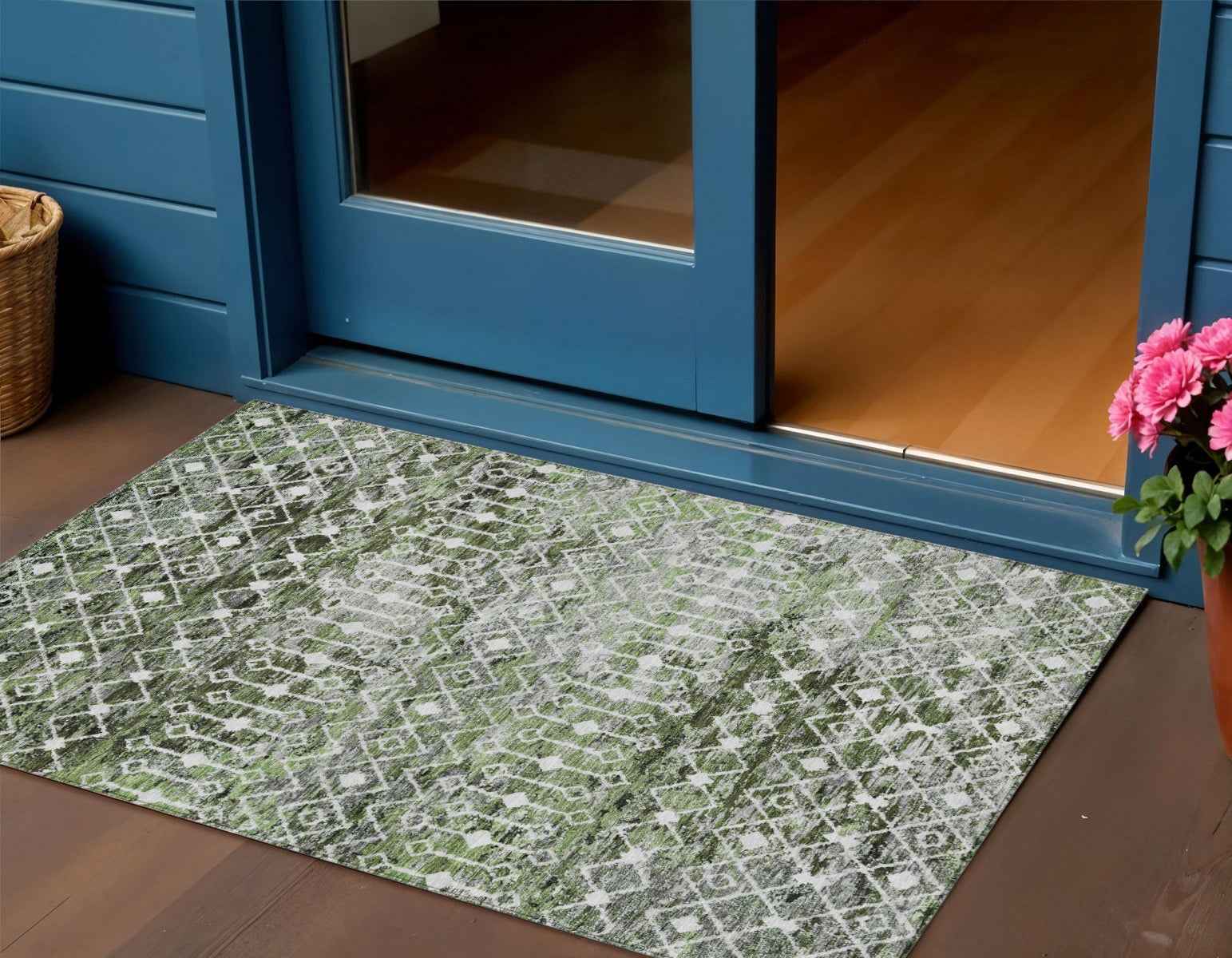 3' X 5' Olive Green And Ivory Argyle Washable Indoor Outdoor Area Rug