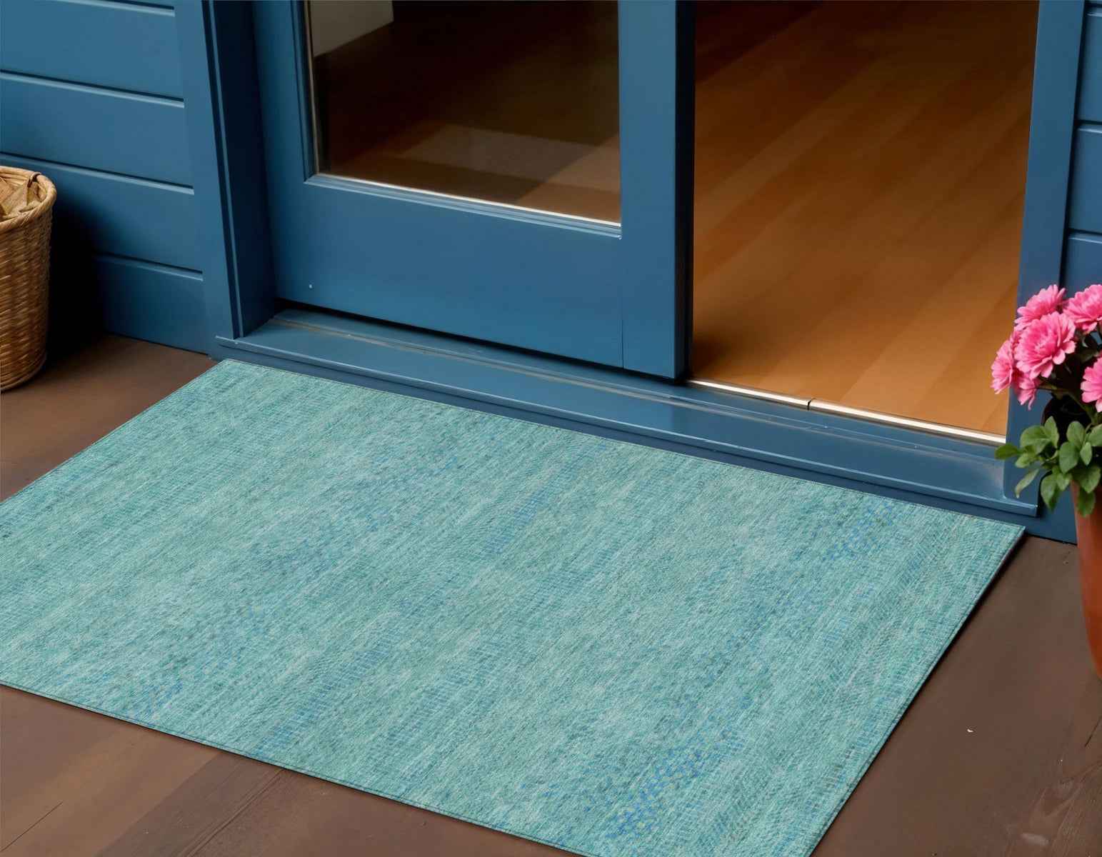 3' X 5' Aqua And Teal Blue Striped Washable Indoor Outdoor Area Rug