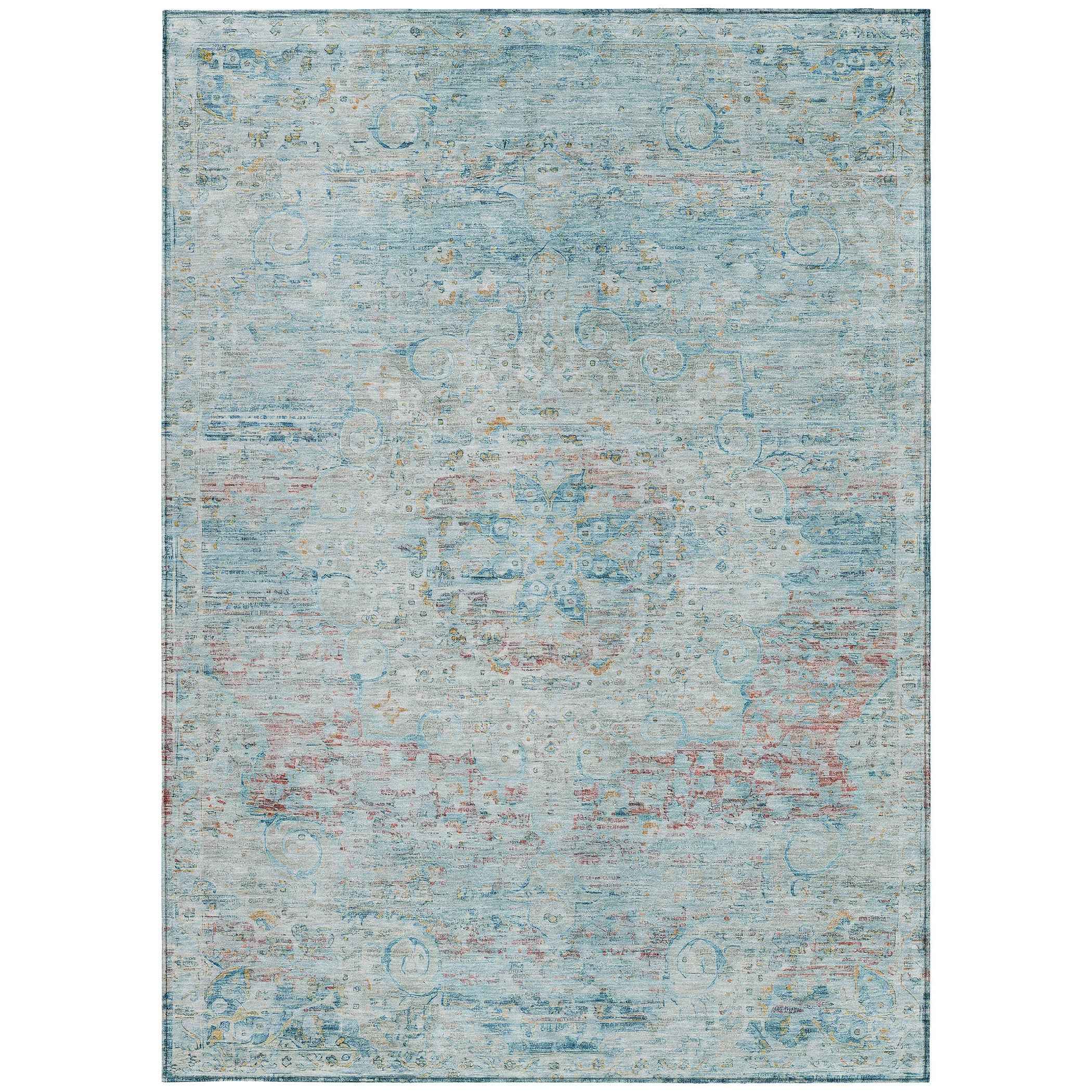 10' X 14' Sky Blue And Blush Medallion Washable Indoor Outdoor Area Rug