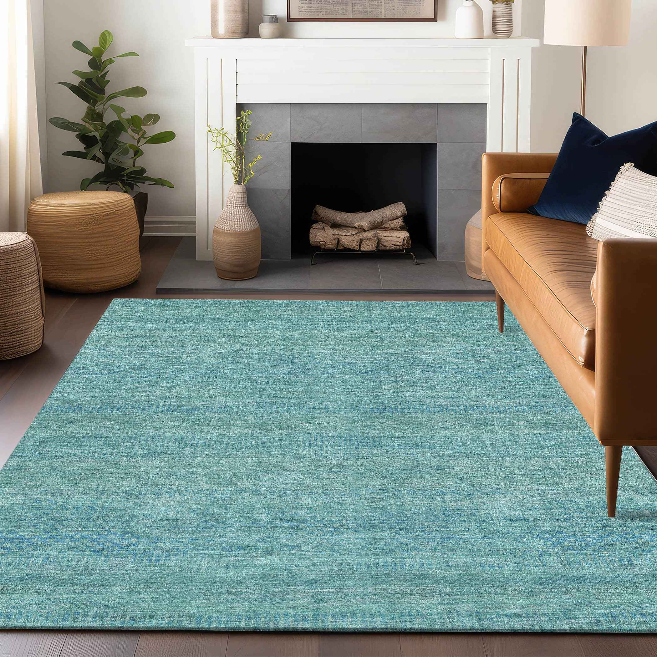 3' X 5' Aqua And Teal Blue Striped Washable Indoor Outdoor Area Rug