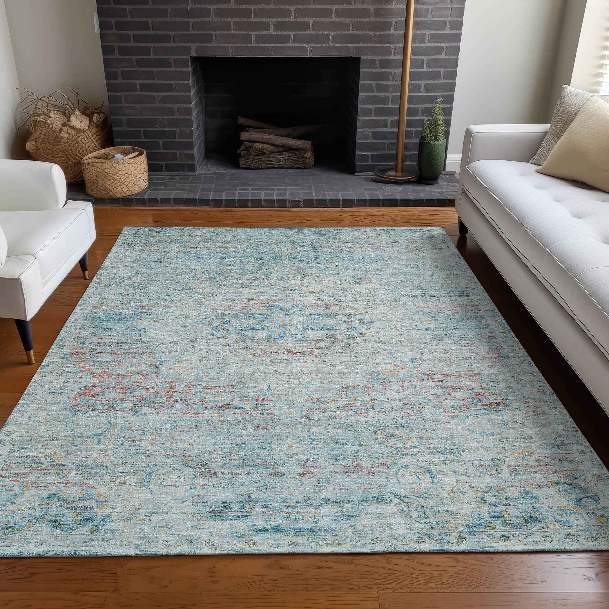 10' X 14' Sky Blue And Blush Medallion Washable Indoor Outdoor Area Rug