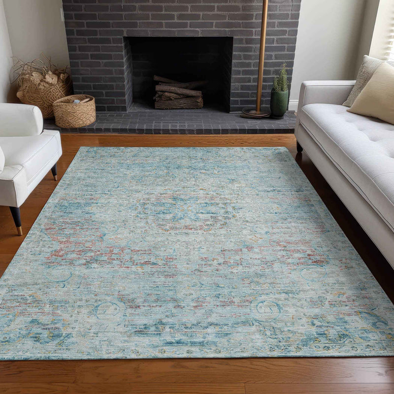 10' X 14' Sky Blue And Blush Medallion Washable Indoor Outdoor Area Rug