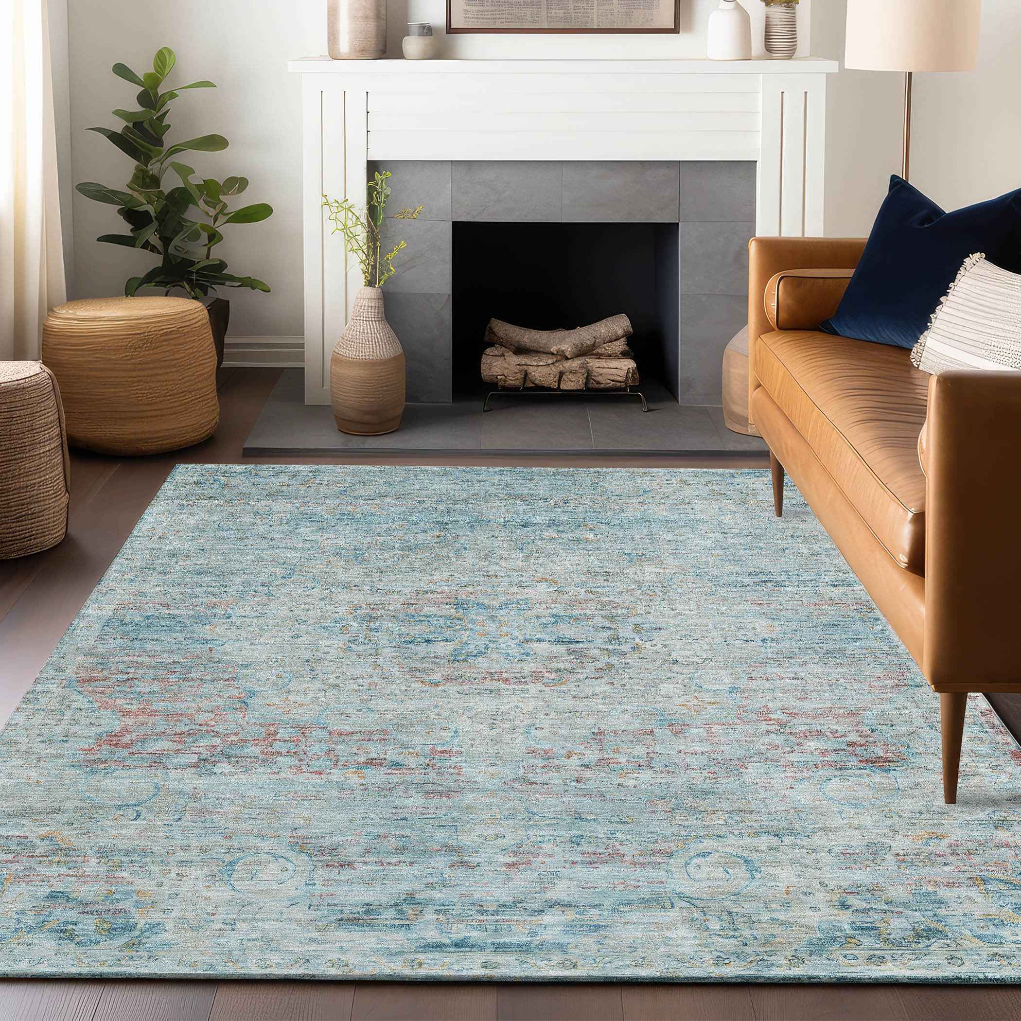 10' X 14' Sky Blue And Blush Medallion Washable Indoor Outdoor Area Rug