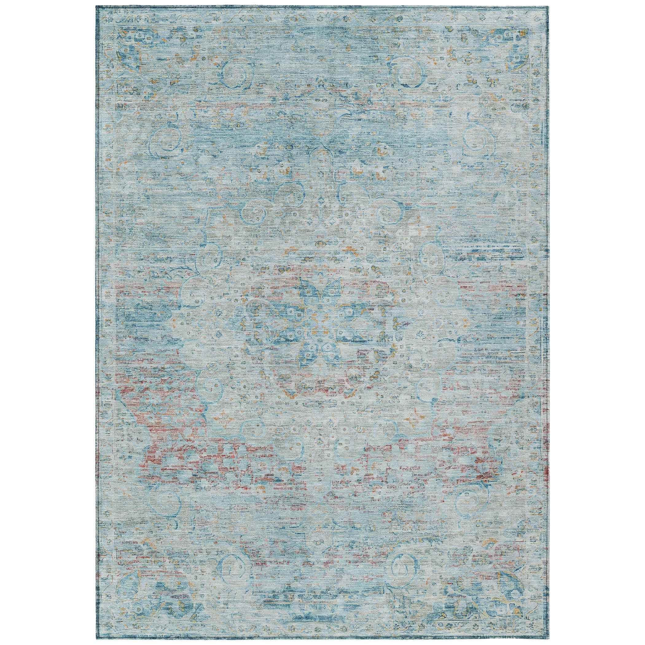 10' X 14' Sky Blue And Blush Medallion Washable Indoor Outdoor Area Rug