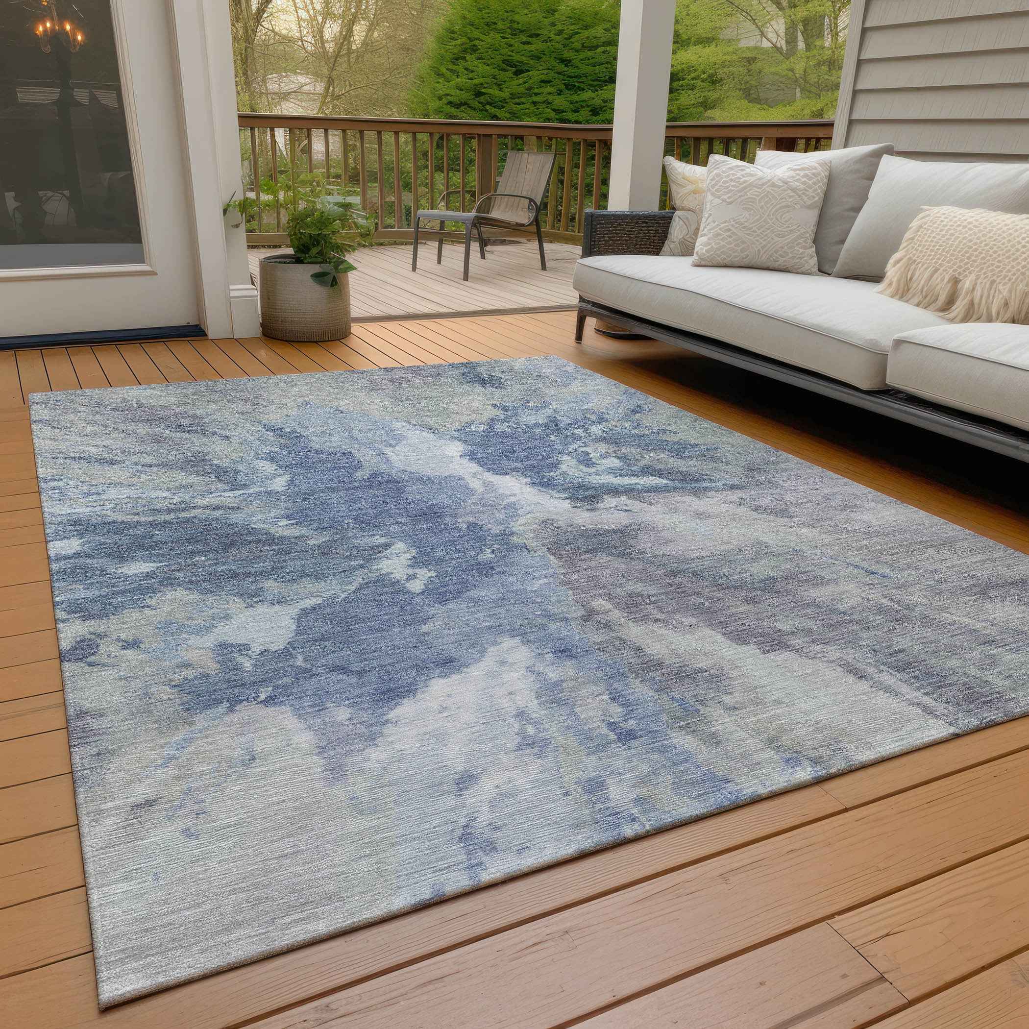 10' X 14' Denim Blue And Linen Abstract Washable Indoor Outdoor Area Rug