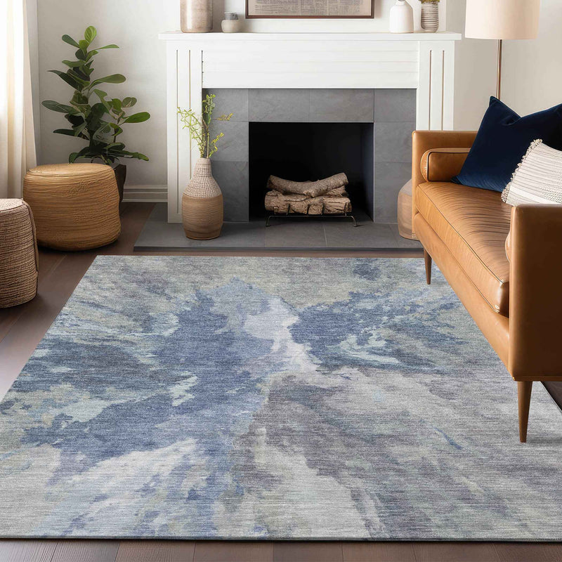 10' X 14' Denim Blue And Linen Abstract Washable Indoor Outdoor Area Rug