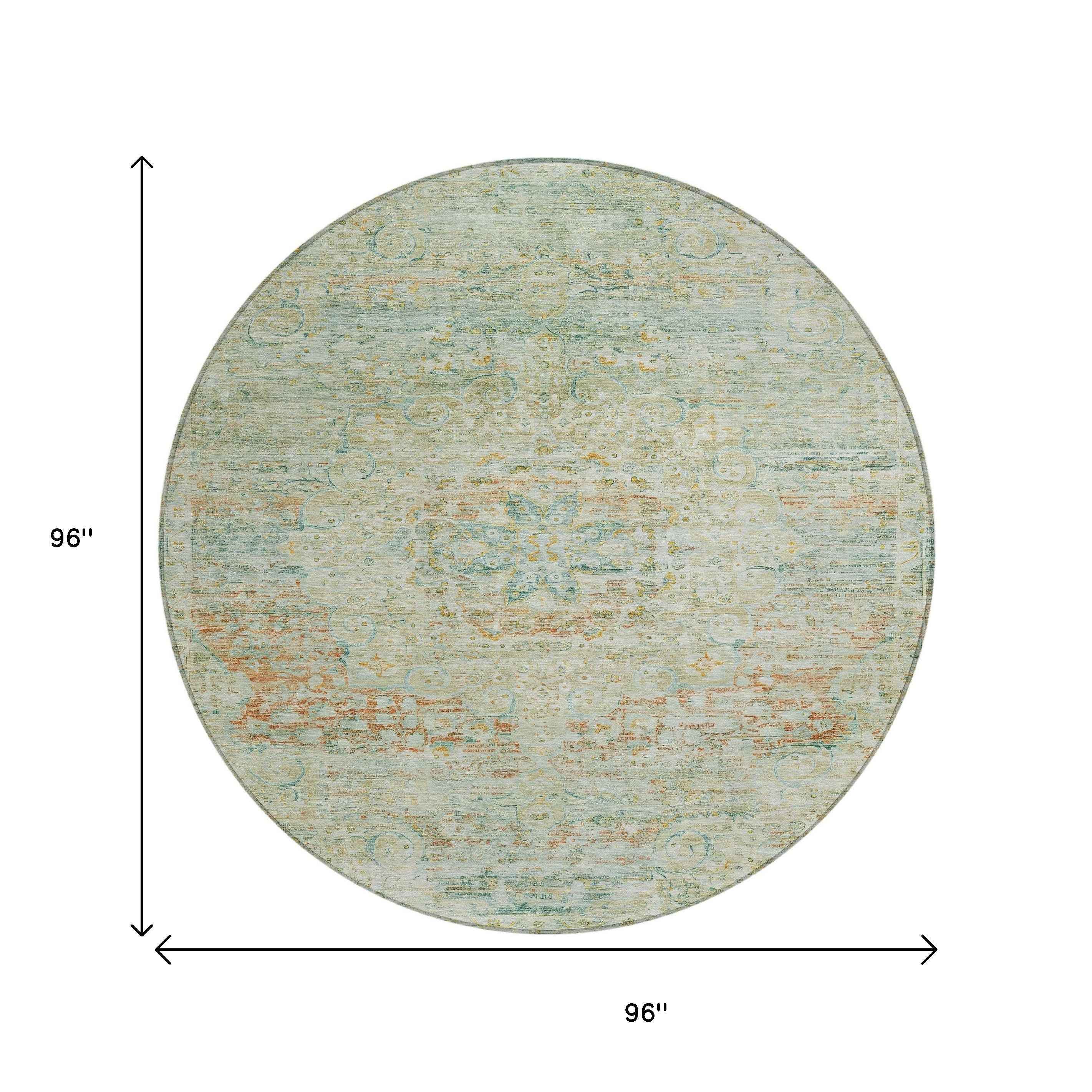 8' Sage And Copper Round Medallion Washable Indoor Outdoor Area Rug
