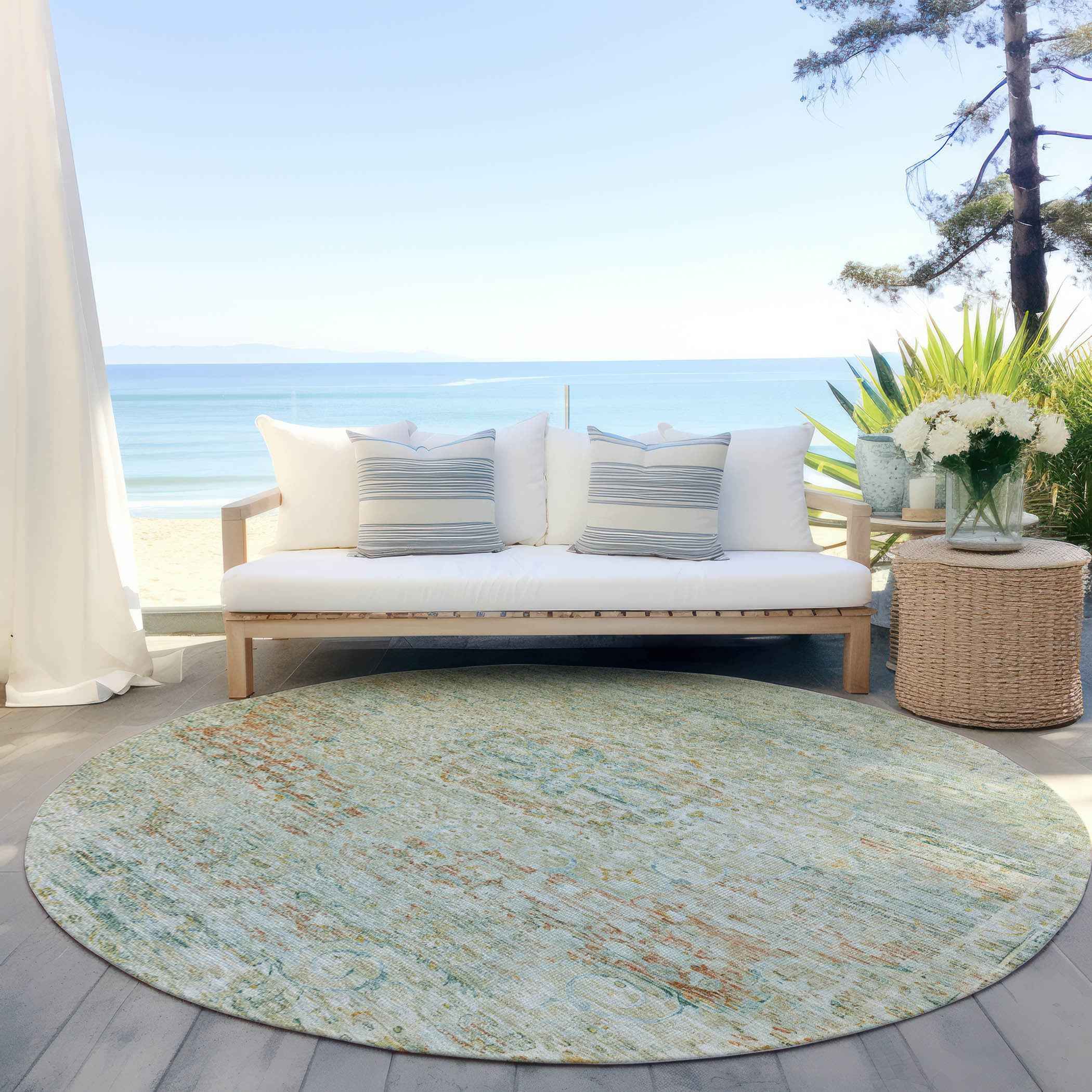 8' Sage And Copper Round Medallion Washable Indoor Outdoor Area Rug