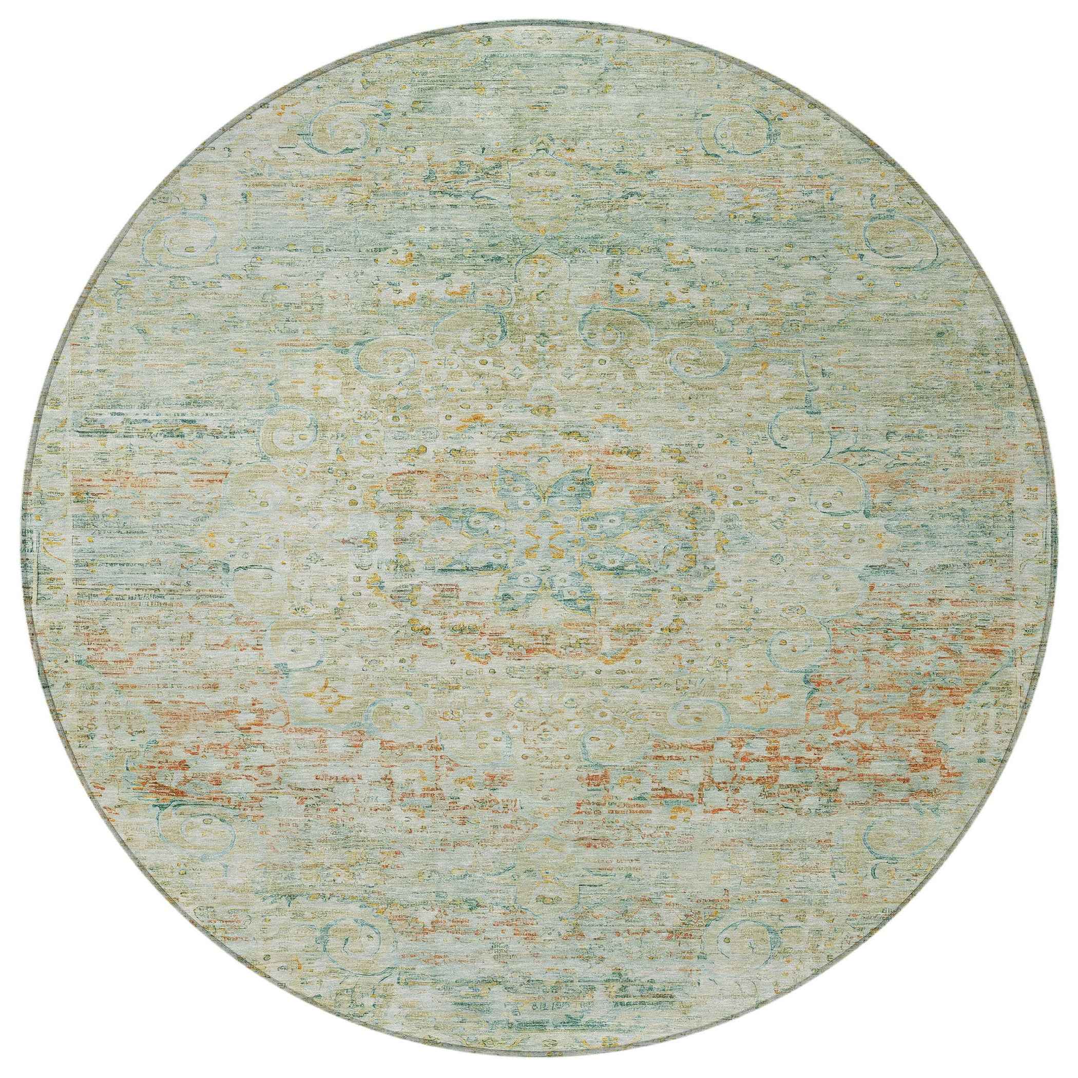 8' Sage And Copper Round Medallion Washable Indoor Outdoor Area Rug