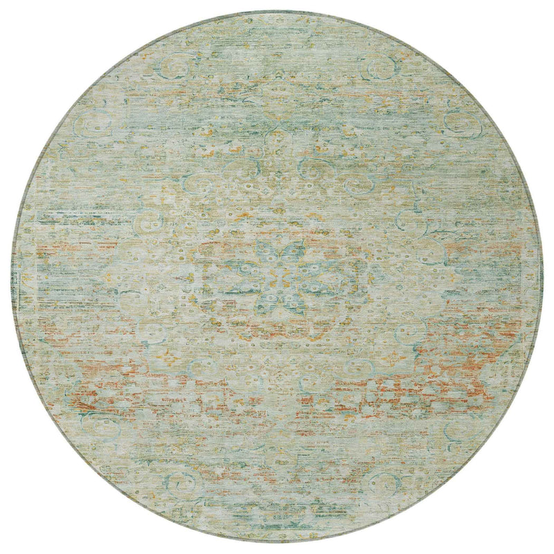 8' Sage And Copper Round Medallion Washable Indoor Outdoor Area Rug