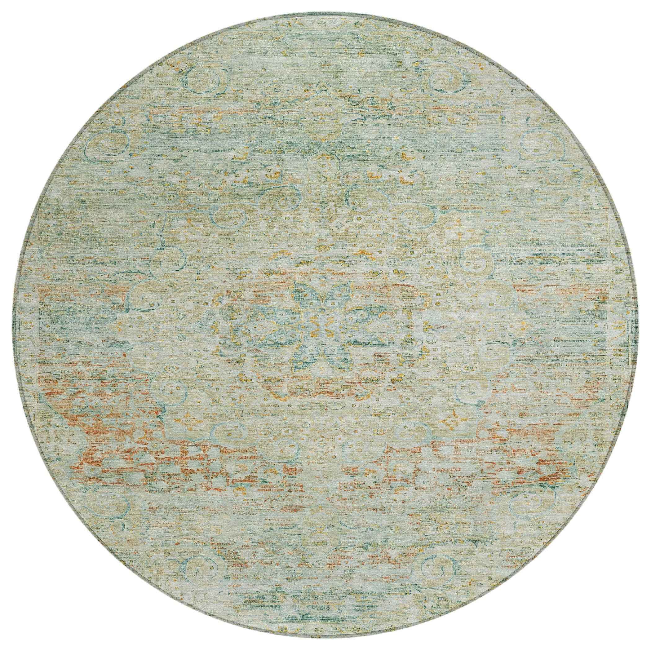 8' Sage And Copper Round Medallion Washable Indoor Outdoor Area Rug