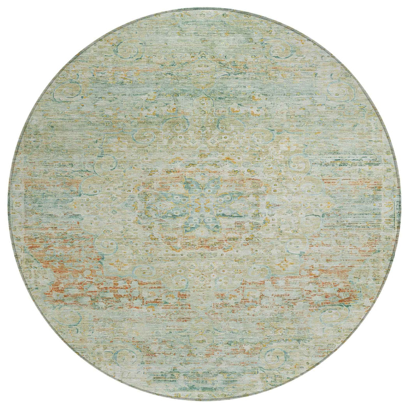 8' Sage And Copper Round Medallion Washable Indoor Outdoor Area Rug