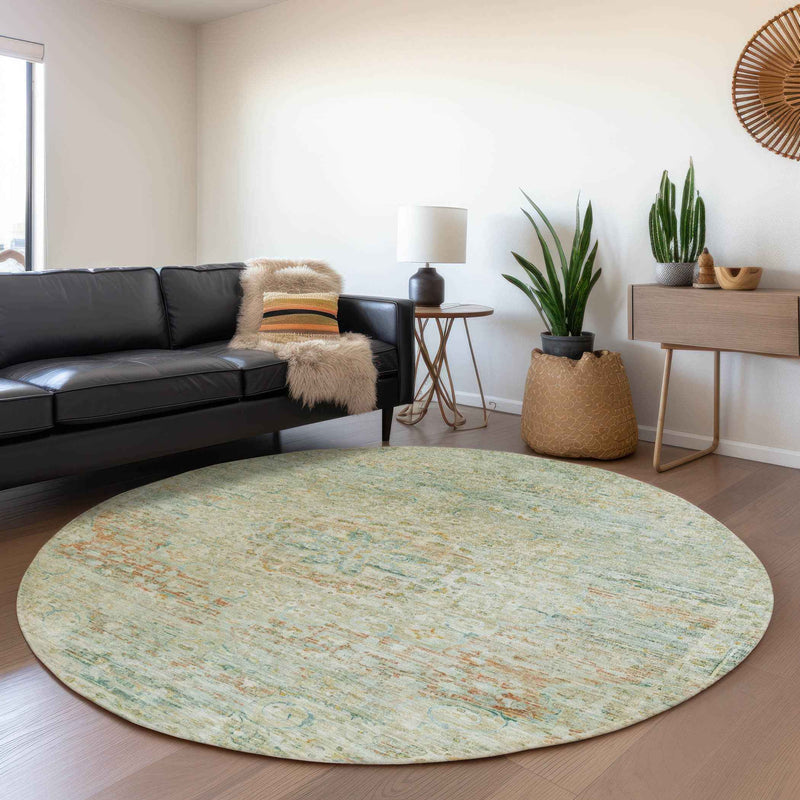 8' Sage And Copper Round Medallion Washable Indoor Outdoor Area Rug
