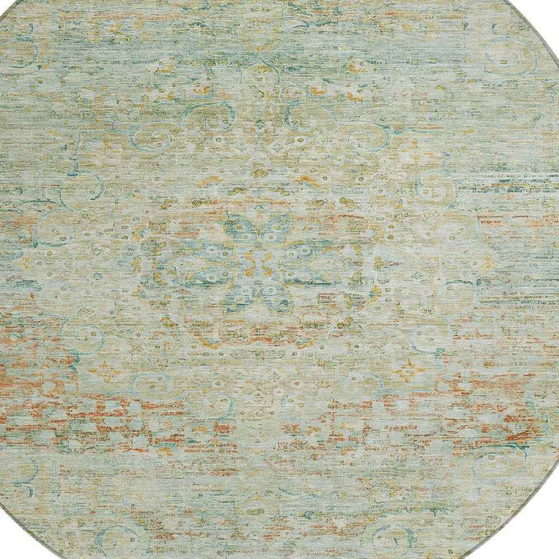 8' Sage And Copper Round Medallion Washable Indoor Outdoor Area Rug