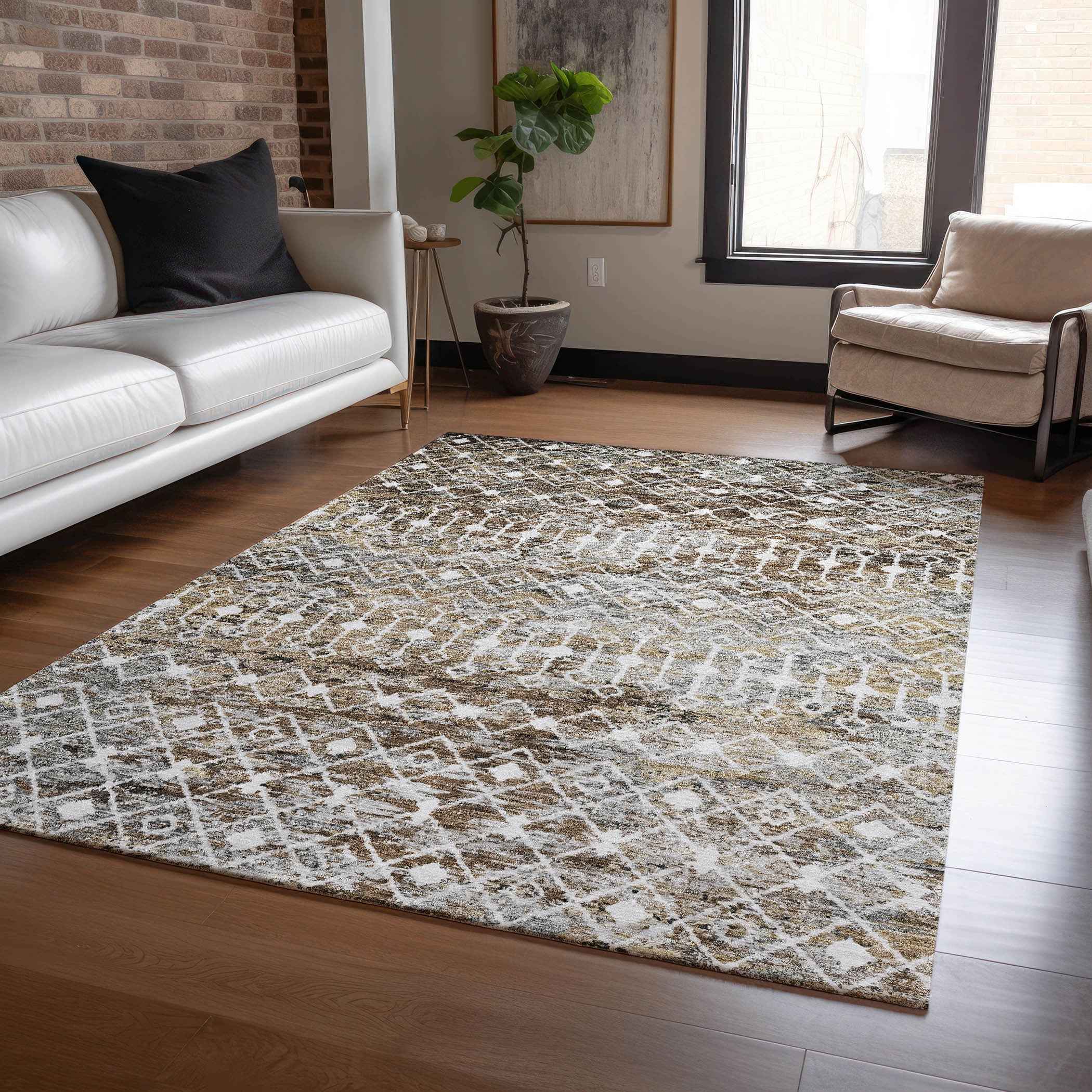 5' X 8' Brown And Beige Argyle Washable Indoor Outdoor Area Rug