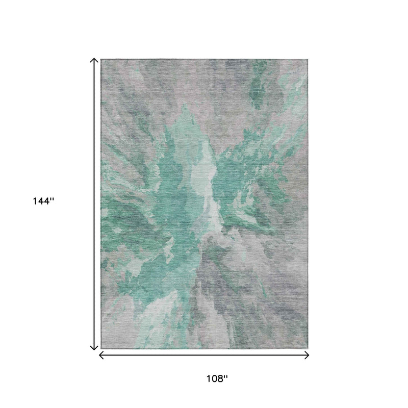 9' X 12' Teal Blue And Lavender Abstract Washable Indoor Outdoor Area Rug