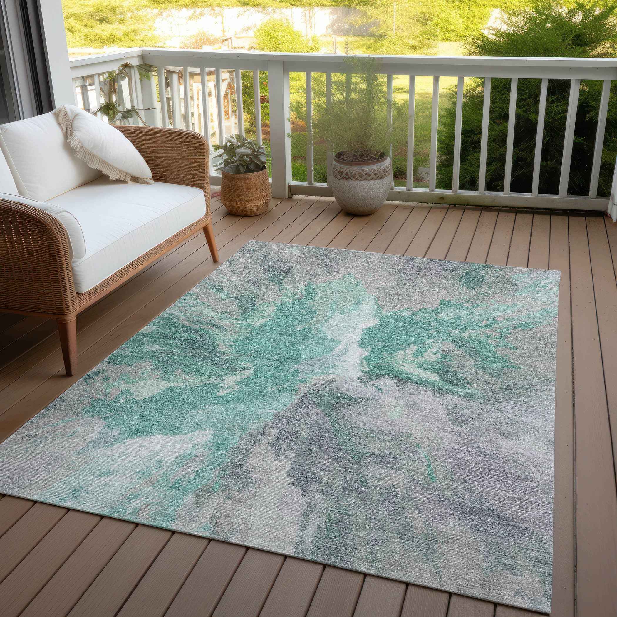 5' X 8' Teal Blue And Lavender Abstract Washable Indoor Outdoor Area Rug
