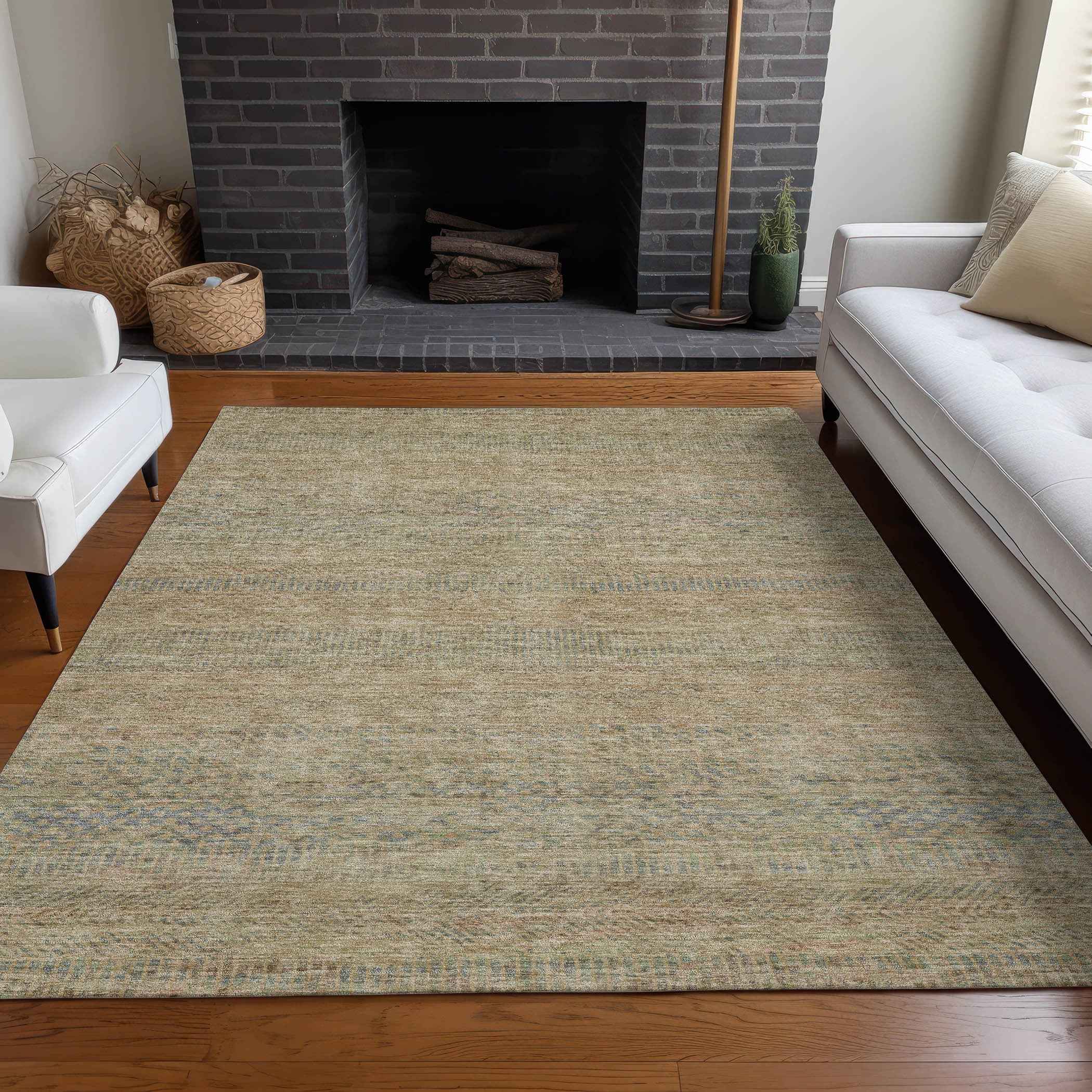 8' X 10' Beige And Taupe Striped Washable Indoor Outdoor Area Rug