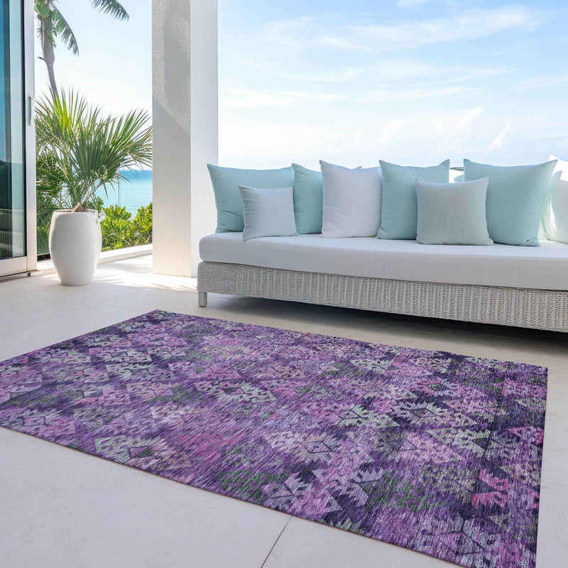 9' X 12' Eggplant Plum And Lavender Aztec Washable Indoor Outdoor Area Rug
