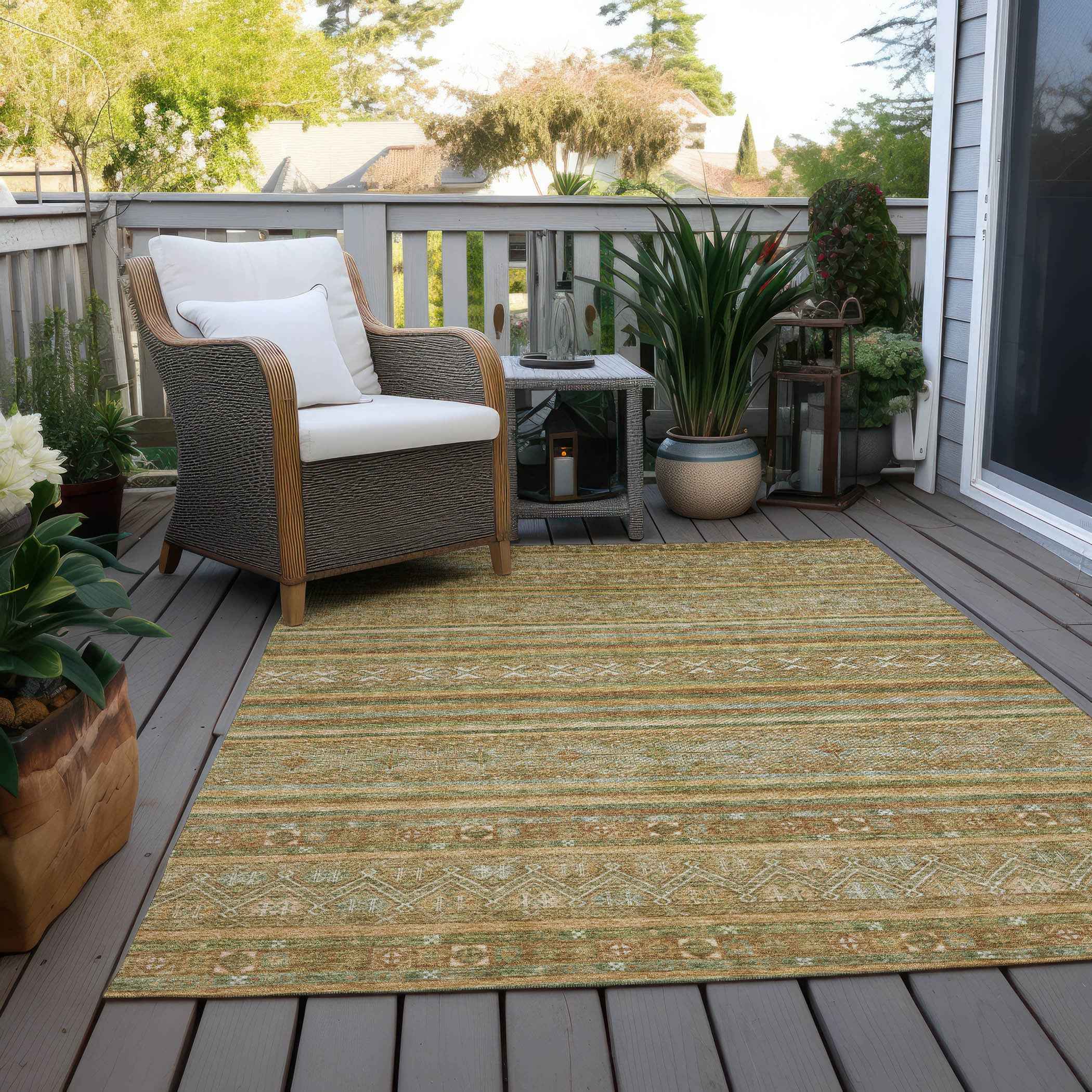 10' X 14' Artichoke Green Gold And Beige Southwestern Washable Indoor Outdoor Area Rug