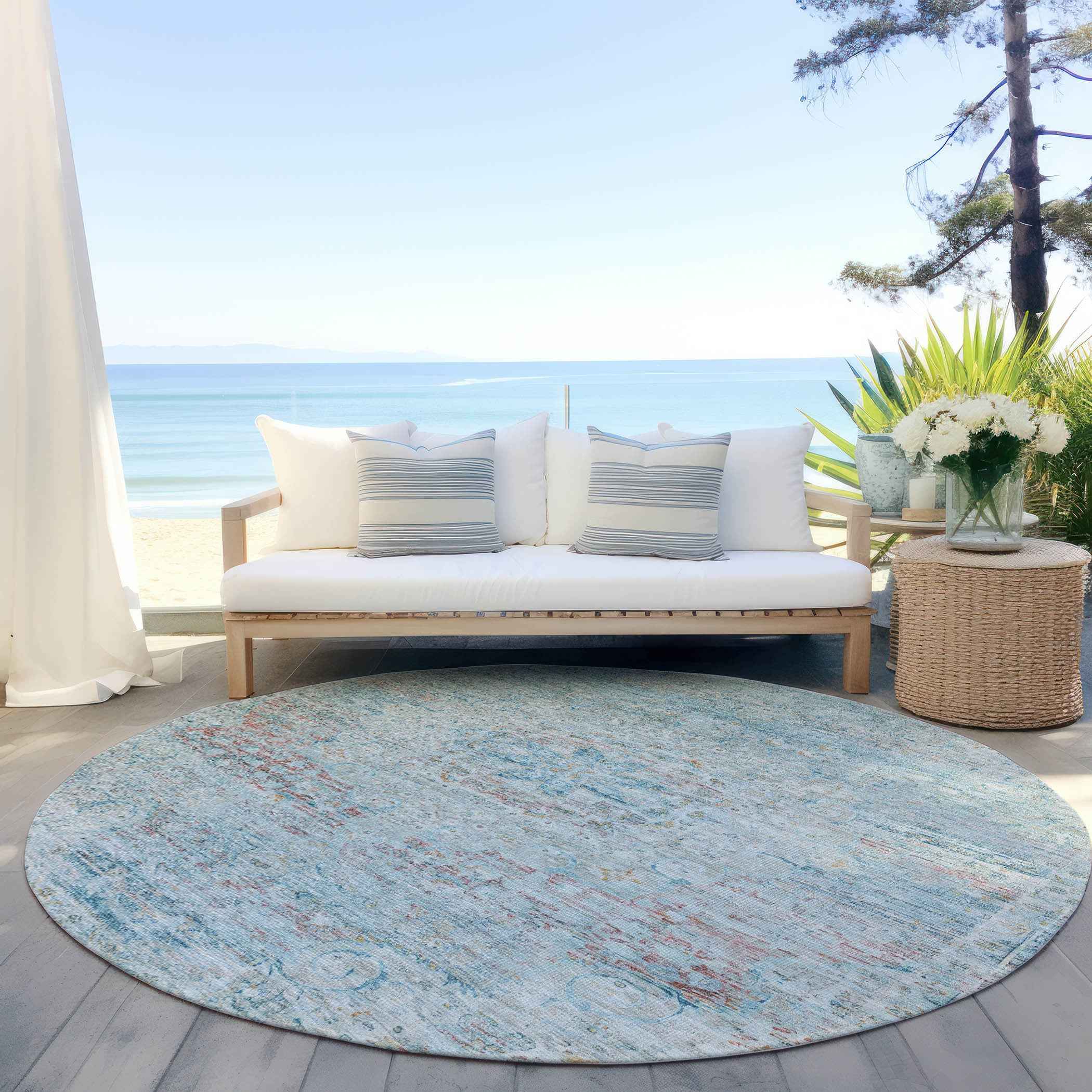 8' Sky Blue And Blush Round Medallion Washable Indoor Outdoor Area Rug
