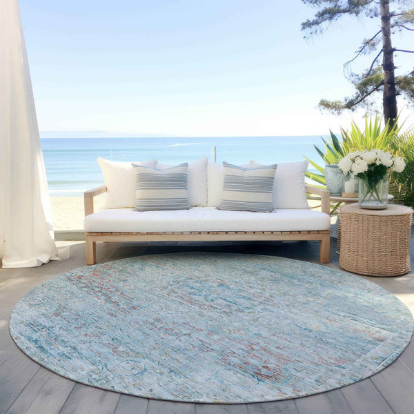 8' Sky Blue And Blush Round Medallion Washable Indoor Outdoor Area Rug