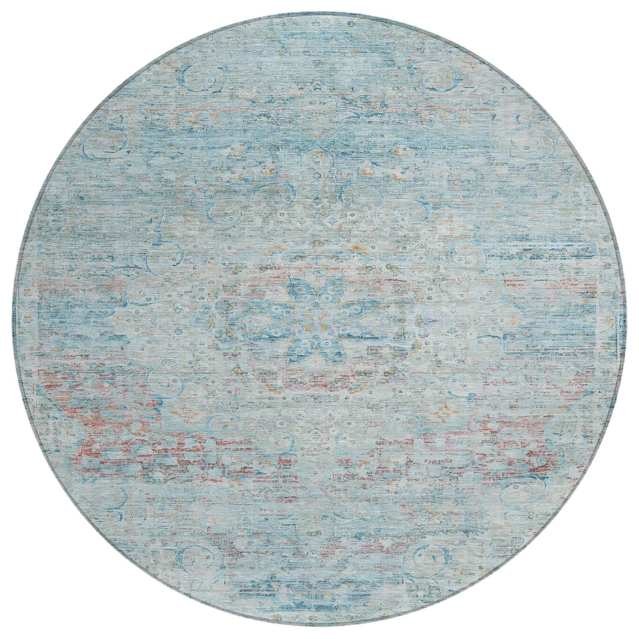 8' Sky Blue And Blush Round Medallion Washable Indoor Outdoor Area Rug