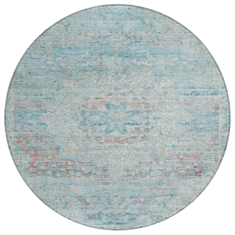 8' Sky Blue And Blush Round Medallion Washable Indoor Outdoor Area Rug