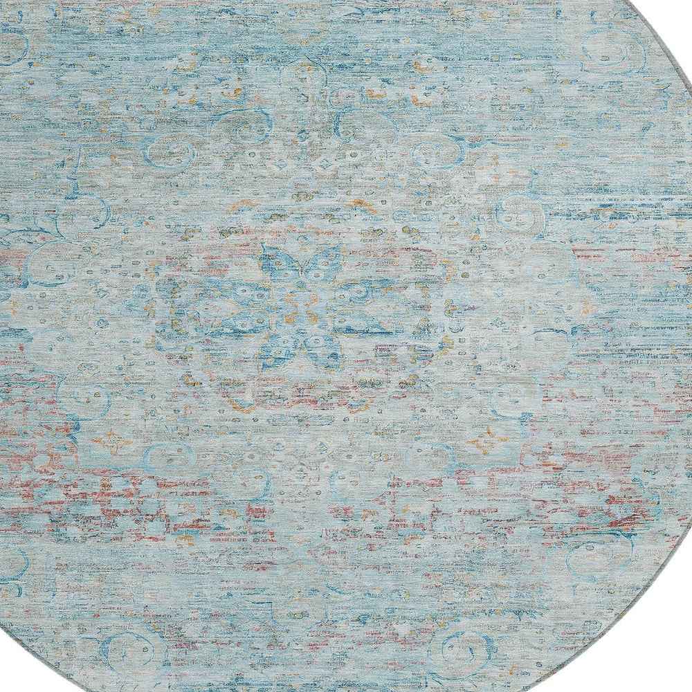 8' Sky Blue And Blush Round Medallion Washable Indoor Outdoor Area Rug